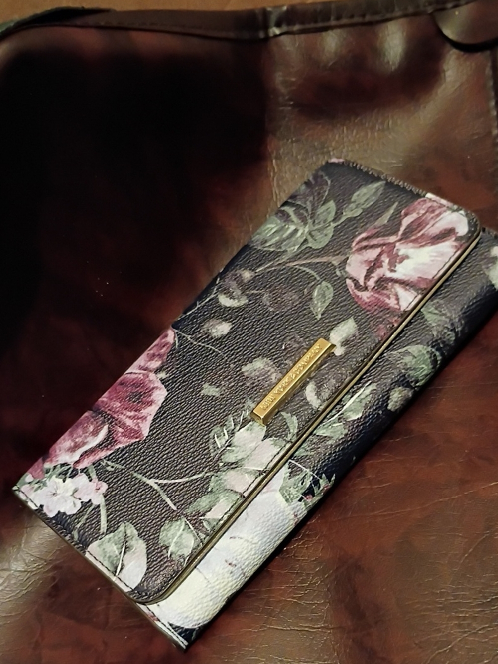 Floral Pattern Trifold Wallet - Black with Pink & Green Accents